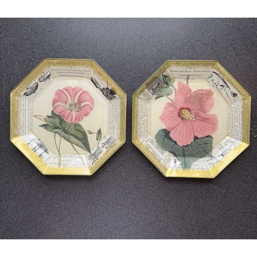 Vintage Decoupage Botanical Plates Flowers Octagon Signed Hibiscus Bindweed